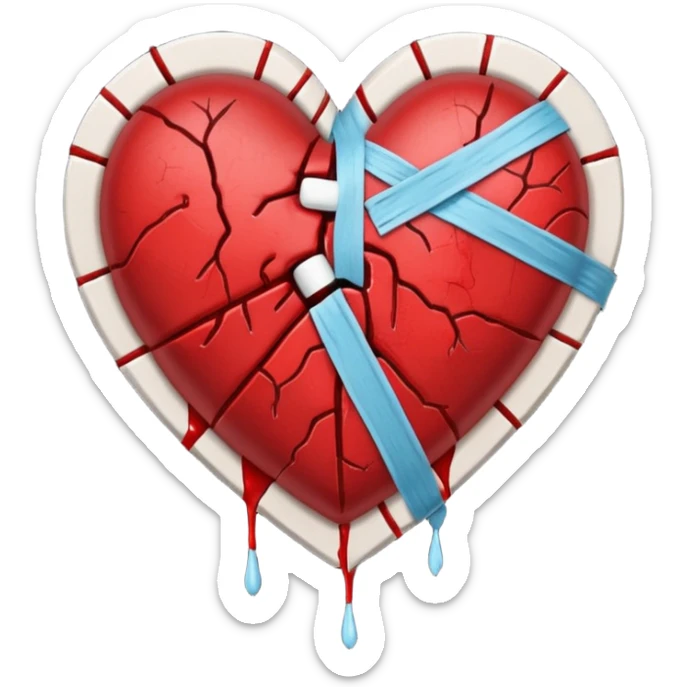 Un corazón roto con grietas  sangrando y expulsando sangre rodeado de vendas y tiritas que se despegan sin hacer efecto SIN CARA sticker