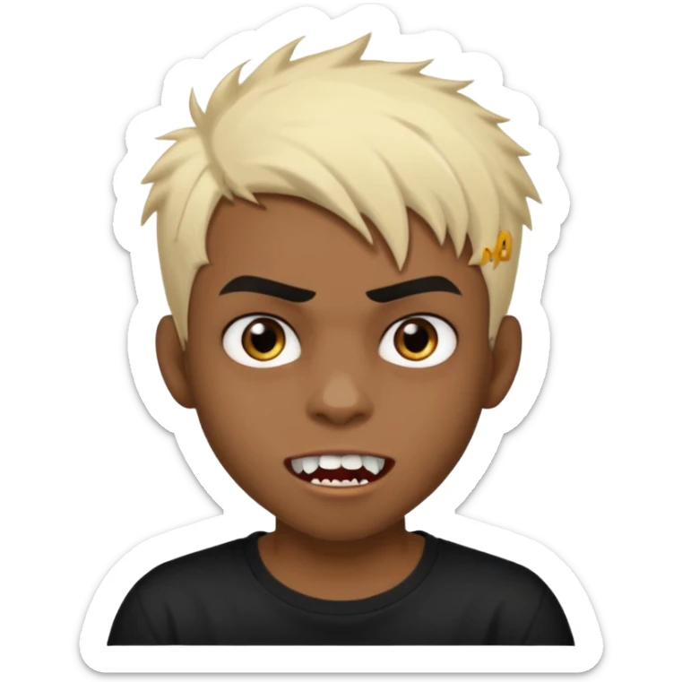 Black Male Teenager with Short punk messy blonde hair, Dark brown bushy eyebrows large expressive golden-brown eyes, wearing a plain white t-shirt, Dark Brown skin color. vampire tooth sticker