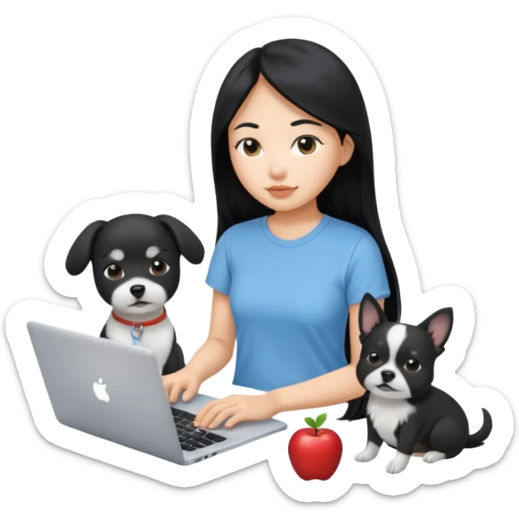 Asian girl long black hair, wearing a light blue t-shirt, working on an Apple laptop, next to her is a small black and white dog sticker