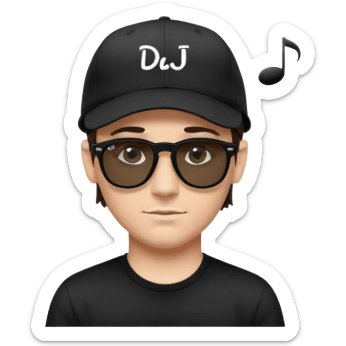 Emoji of a white man with short dark brown hair under a black baseball cap, wearing a black t‑shirt and 1980s‑style black Ray‑Ban rectangle sunglasses black lenses, with black musical notes floating around his head,  word "DJ DLG" written on the hat sticker