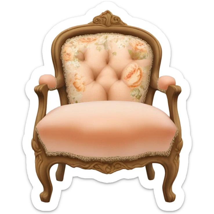 Vintage French chair with Mongolian peach, curly fur on the seat and a vintage peach and white floral on the top in a natural wood frame sticker