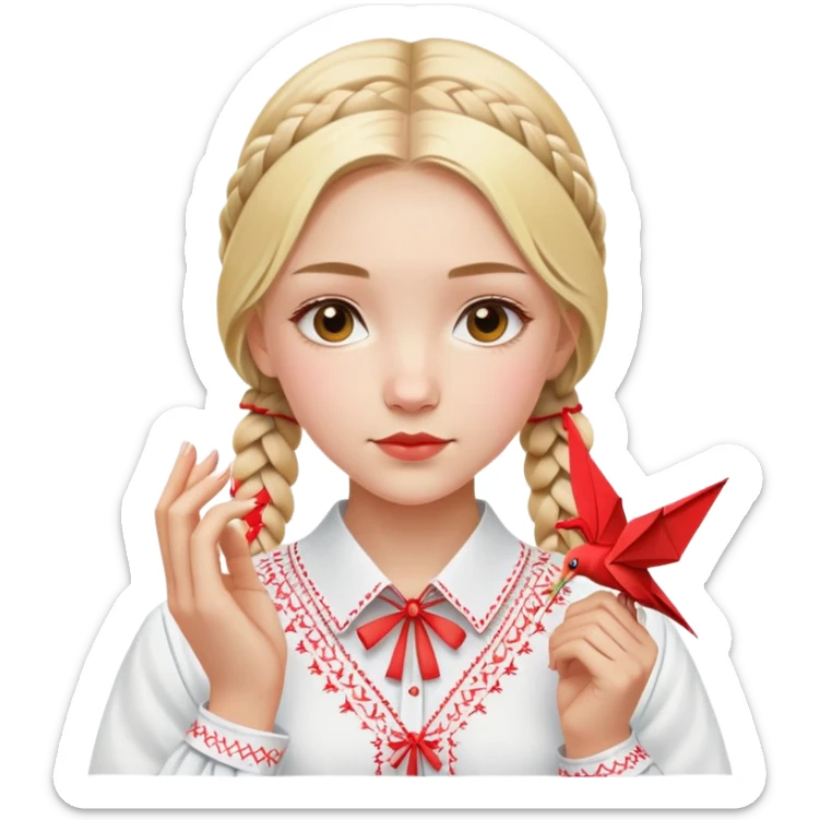 Ukrainian young girl with blonde braided hair wearing a white traditional embroidered shirt (vyshyvanka) holding a red origami paper crane in her hands sticker
