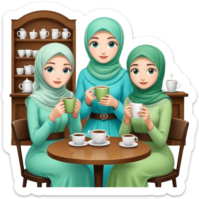 Turkish beautiful finish Konya girls blue eyes with Beautiful light green hijab long tail dress and the two friends in a coffeehouse sits on the chair on the ground and holds cup coffe with her hand  sticker