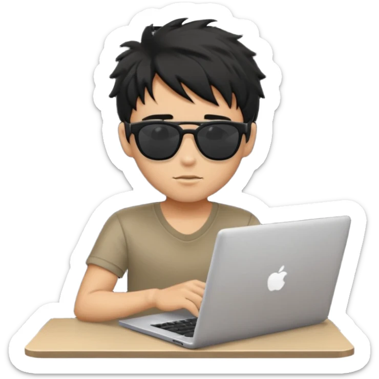a PRETTY BRATZ boy with black messy hair, black sunglasses, on laptop sticker
