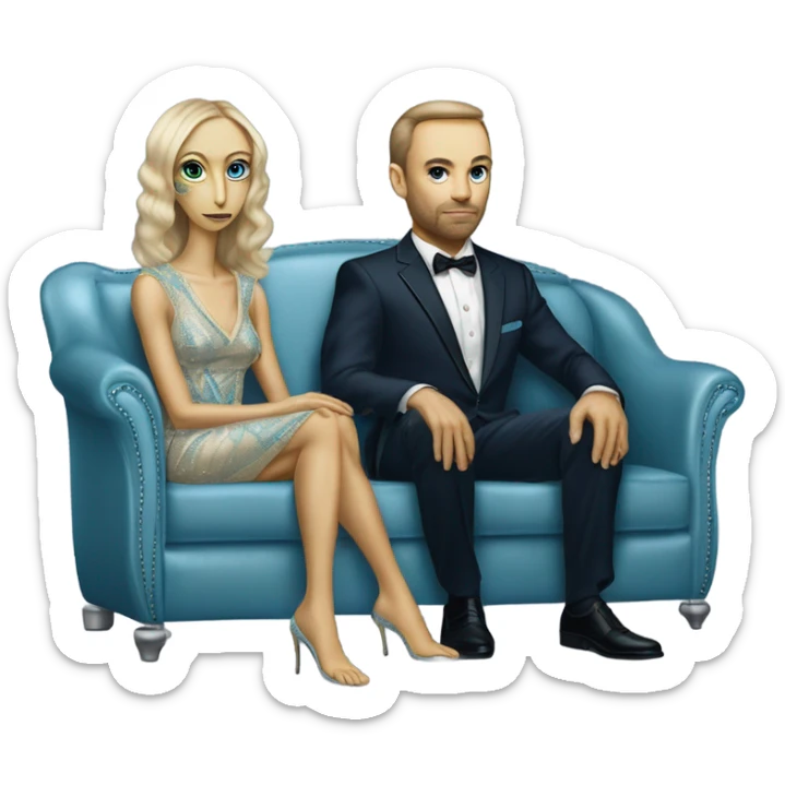 alien reptilian woman in long slim pastel blue formal party satin dress with gradient shiny sparkling navy blue diamonds embroidered , and caucasian man in black dress, sitting on a beige couch  sticker