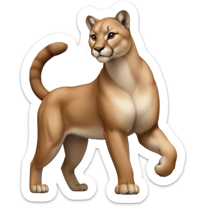 cinematic-[mountain lion]-realistic-full-body-standing-emoji,-muscular-frame-poised-with-grace,-tail-curved-slightly,-head-tilted-dramatically,-sleek-[tan]-fur-(or-majestic-mane-for-lions),-simplified-yet-realistic-focused-features,-highly-detailed,-glowing-with-an-almost-sarcastic-glow sticker