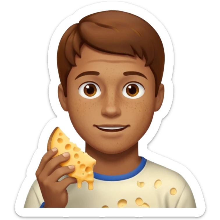 Man with brown hair and light skin with freckles, eating cheese sticker