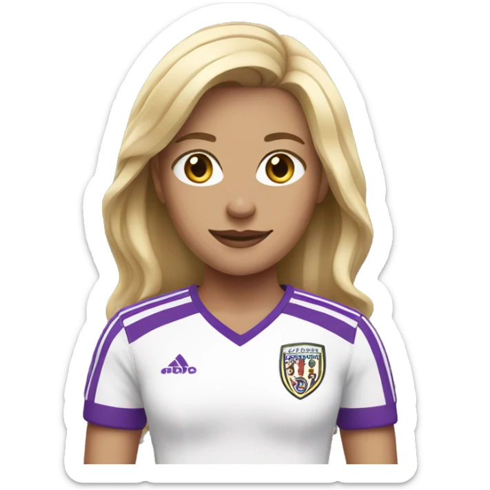 a blonde woman in a white soccer jersey with purple pinstripes sticker