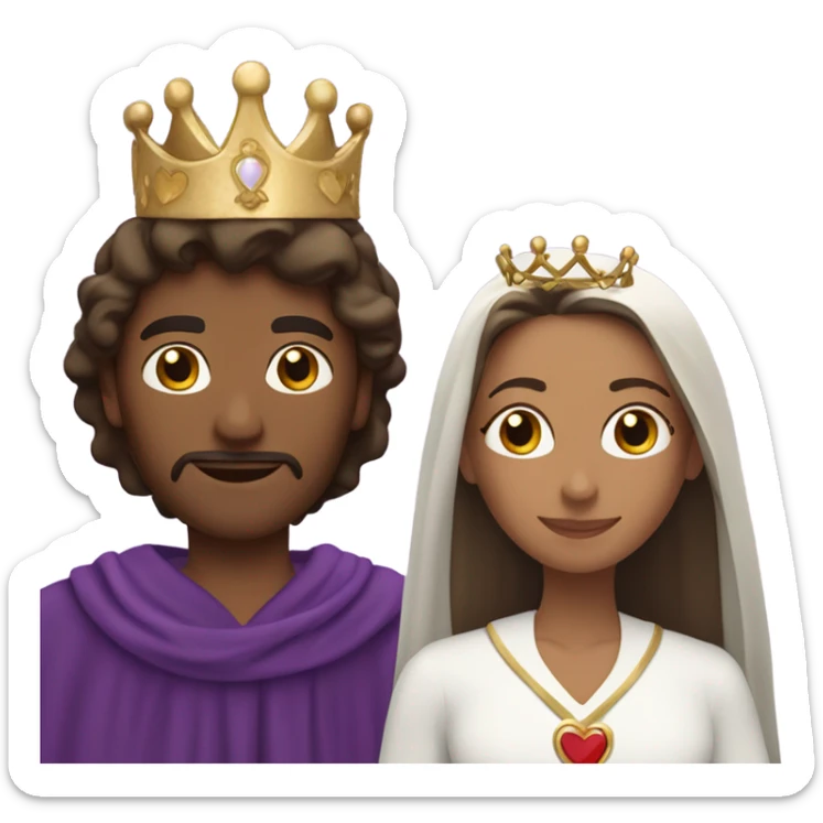 Caucasian long  brunette woman wearing formal royal purple robes and a crown whose face shows hearts to the man she adores  sticker