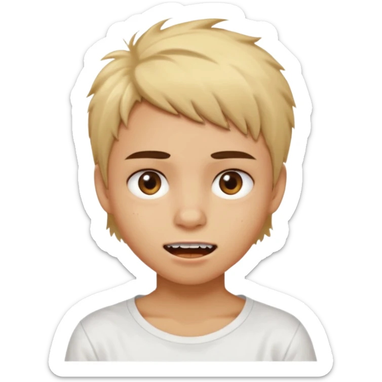 caramel skin color. Teen age. Short buzz, messy blonde hair, dark brown bushy eyebrows large expressive golden-brown eyes, brown skin color, scar over nose, wearing a plain white t-shirt. Mouth expression showing teeth sticker