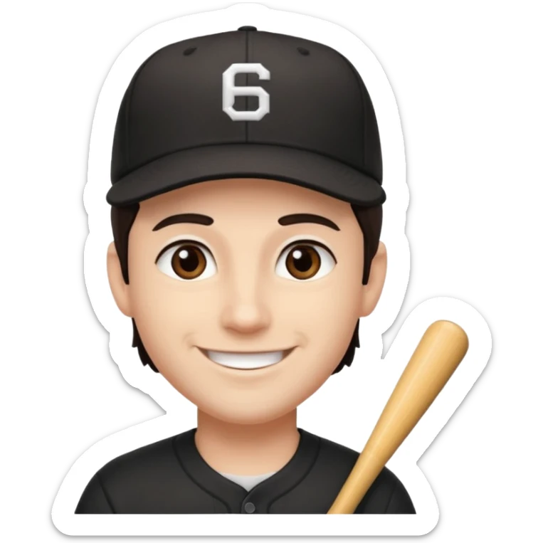 male, dark brown hair, dark brown eyes, fair skin, black baseball hat sticker