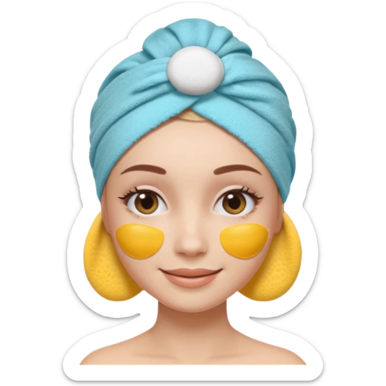 3D emoji style woman with towel head wrap, under-eye patches, smiling softly, clean girl skincare aesthetic, soft studio lighting, smooth skin texture, minimalist beige background, high resolution, PNG sticker