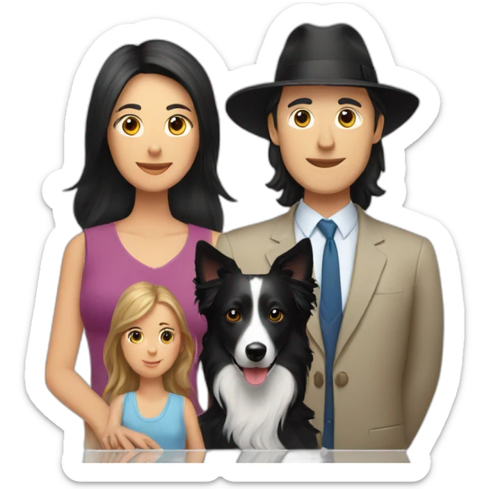 Family formed by a White man on hat and a White woman with long black hair and one small black dog border collie sticker