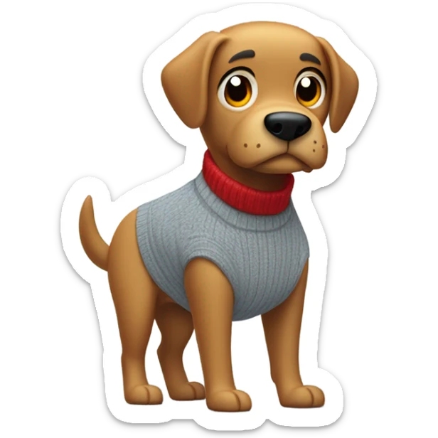 cartoon animal character resembling  a dog with a tan face and a prominent black nose. The character has a confident expression, hands in its pockets, and is dressed in a gray sweater, light blue jeans, and red sneakers. sticker