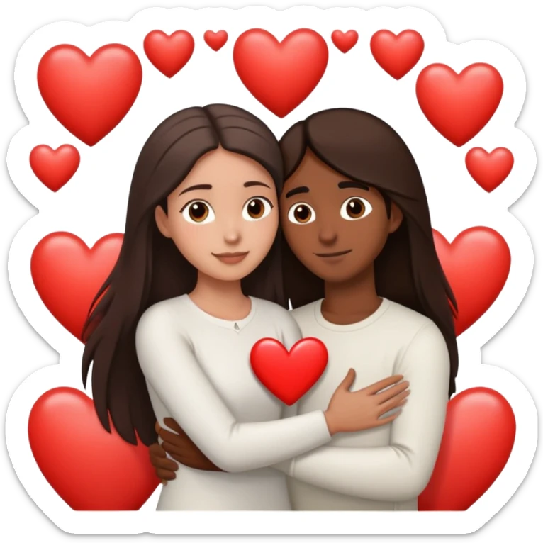 A couple embracing, man with mestizo brown skin and short straight dark brown hair, woman with fair skin and long dark brown hair, with white hearts around them sticker