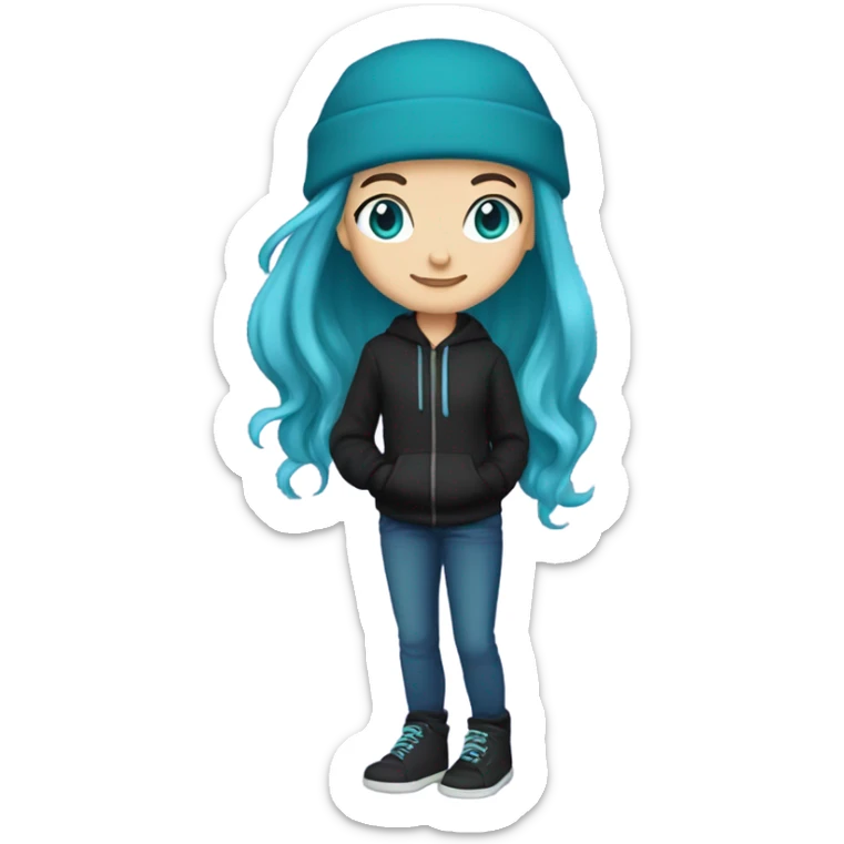 White girl, blue eyes, long teal hair, purple beanie hat, black hoodie, blue jeans, black shoes sticker