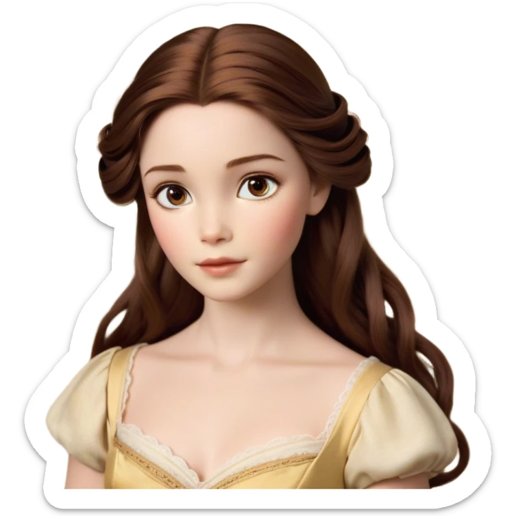 Cinematic Realistic Belle Portrait, depicted with lifelike skin texture, soft natural lighting, and intricately detailed brown hair styled elegantly. Her deep, expressive eyes exude warmth and intelligence, complemented by a serene and graceful expression. She is dressed in her classic attire, with rich fabric textures and delicate folds that catch the light beautifully. The portrait features a soft, enchanting glow with a natural, radiant finish, capturing the essence of timeless beauty in a realistic and painterly style, evoking a sense of depth and authenticity. sticker