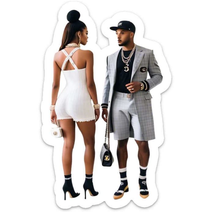 Man living his dream standing in the master bedroom of a mansion. He’s boo’d up with a pretty Brownskin big booty woman wearing a Chanel outfit with her holding a Chanel bag. The man has on a Fear of God Essentials outfit wearing designer socks. The man isn’t holding a bag sticker