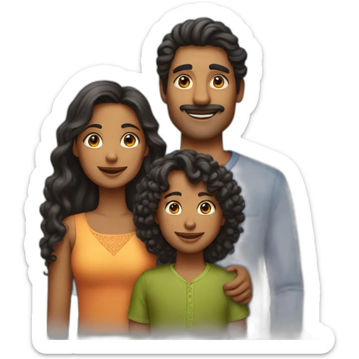 indian family with one dad and one son straight hair and one mom and one daughter curly hair sticker