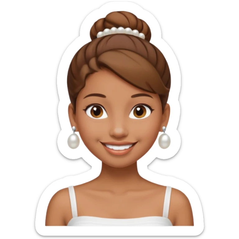 Light brown skin girl, brown hair in bun, smiling, white tube top, pearl earrings sticker