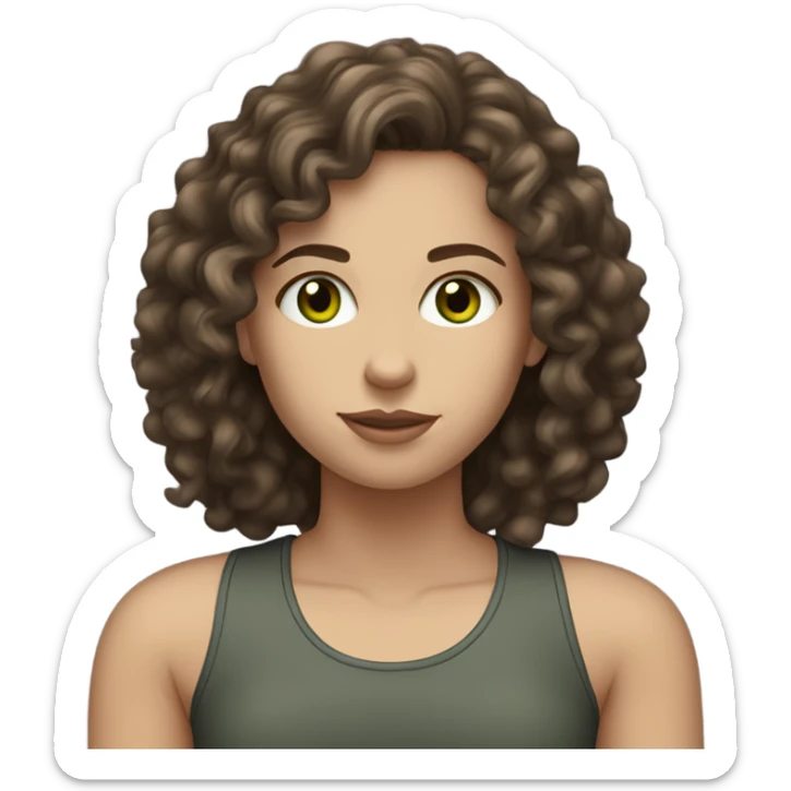 white Girl wearing dark, gray tank top, long dark brown , curly hair, gren eyes light skin sticker