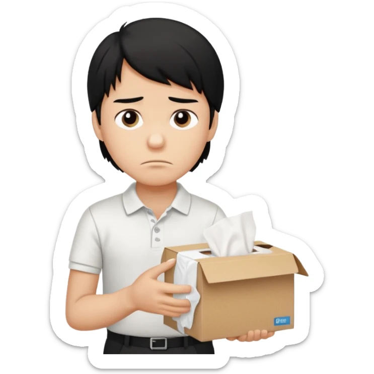 generate a pretty bratz boy with long black hair, wearing a white polo shirt. Looking sad, holding a box of tissues sticker