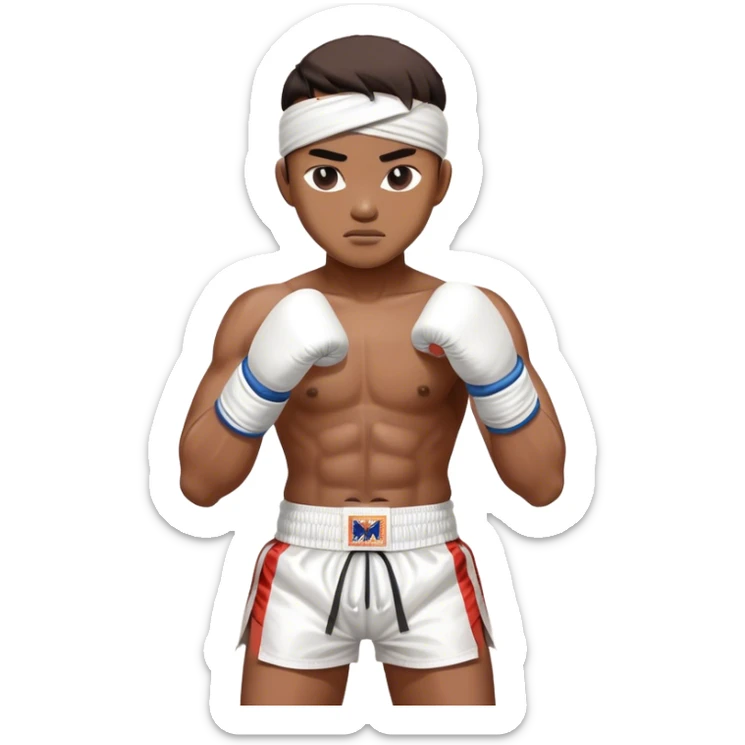 ​Cinematic Realistic Traditional Muay Thai Fighter such as Buakaw Banchamek, depicted in authentic attire featuring white bandaged gloves wrapped around his fists, a traditional headband tied neatly, and classic Muay Thai shorts, captured in a dynamic fighting stance under dramatic, high-energy lighting that highlights the raw power and elegance of the art, sticker