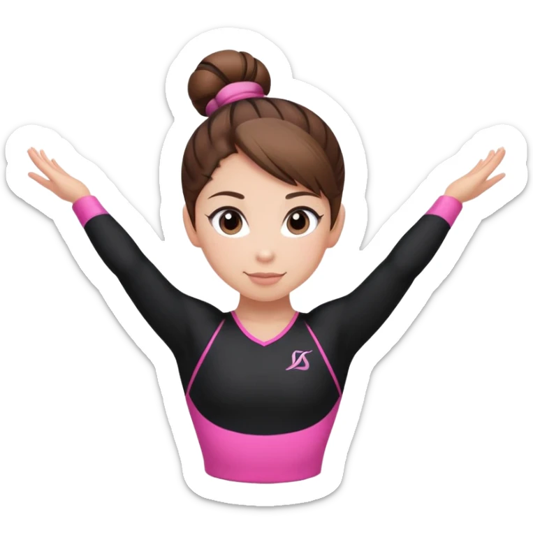A female gymnast with brown hair in a neat bun, wearing a black uniform with pink elements. sticker