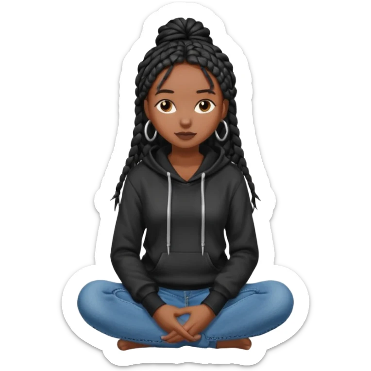 African American dark skin girl with long black box braids wearing plain black hoodie with denim skinny jeans with arms folded across chest sticker