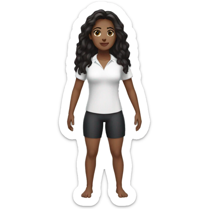 woman, swimming teacher, dark skin, black hair, short stature, brown eyes, wearing a white shirt and black shorts, normal physical build, lower lip slightly larger than the upper. sticker