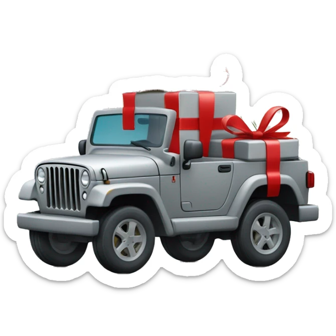un emoji avec un sapin de noel et au pied un cadeau avec une jeep gris sticker