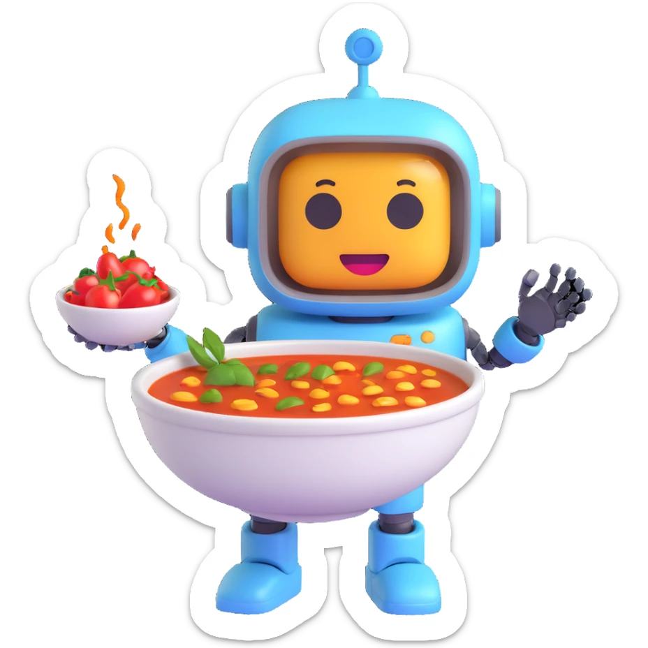 AI emoji, robot holding a bowl of malatang, spicy broth with glowing ingredients, cute and modern sticker