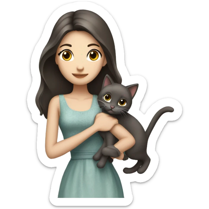 Beautiful skinny woman long dark brown hair in dress hug grey cat sticker