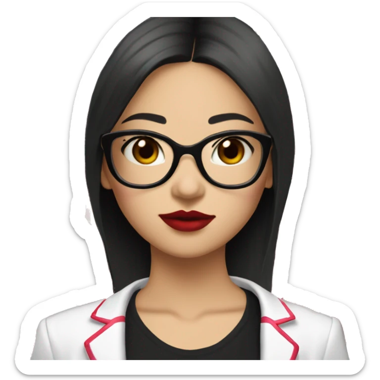Asian girl, fair skin, black long hair, black eyes, black glasses with gold frames, red lipstick, wearing a white lace tank top and a black office jacket on top, with pink and red roses around her. sticker