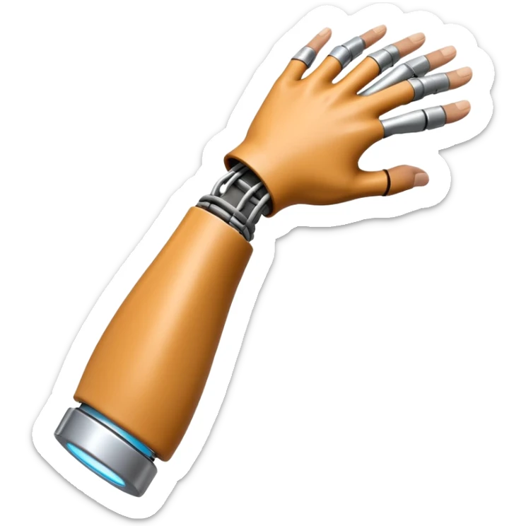 3D render of Bionic Arm, futuristic cyborg aesthetic, fusion of organic skin and chrome metal, polished silver metal arm attached to a tan skin shoulder, exposed wiring, Apple emoji style, isolated on white background --v 6.0. sticker