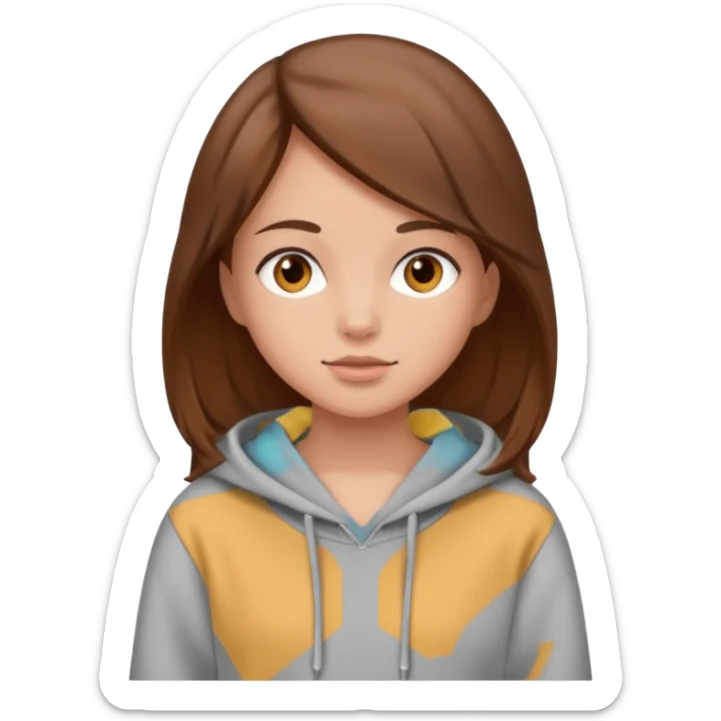 Girl with brown hair wearing a grey hoodie sticker