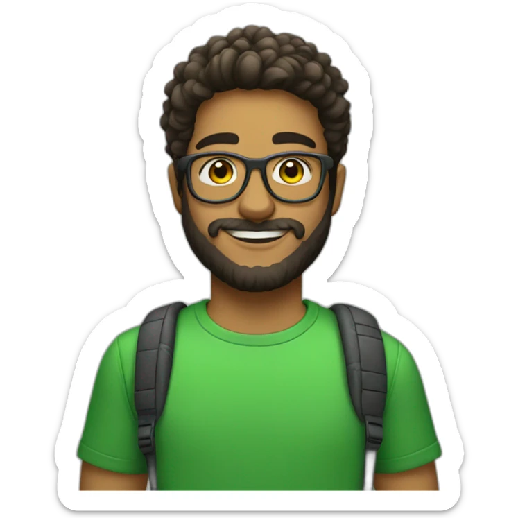 young brazilian man with beard and glasses and t-shirt like a tech bro sticker