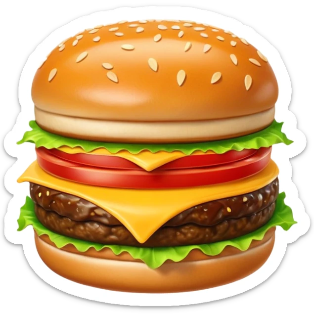 A cute 3D emoji-style burger with glossy finish, shiny bun with sesame seeds, melted cheese, fresh lettuce, smooth cartoon design, soft lighting, clean background, high-quality modern emoji look. sticker