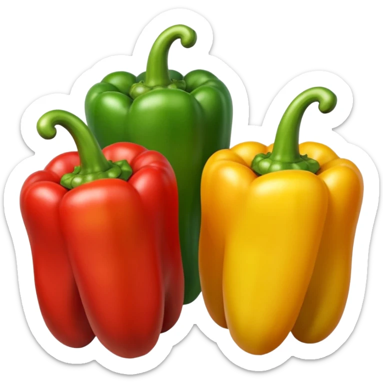 group of three bell peppers red yellow and green plump glossy distinct lobes standing side by side curved stems natural shine soft lighting subtle shadows emoji scale sticker