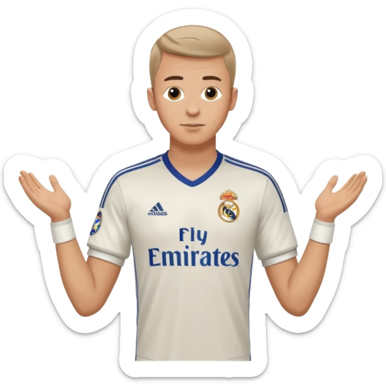 White male wearing Adidas Real Madrid jersey with Champions logo on sleeve and Fly Emirates on chest sticker