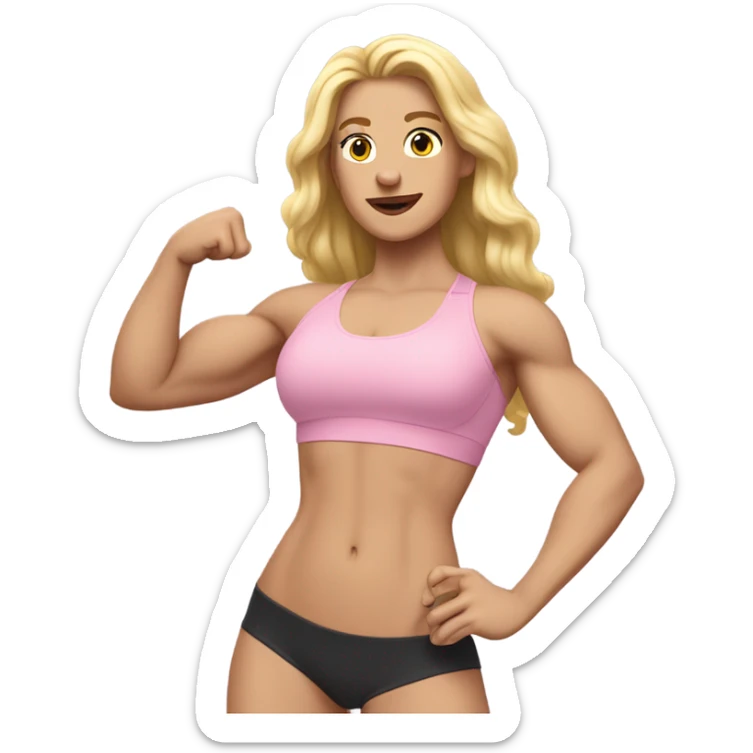 White woman, long hair, blonde hair, wavy hair, baby pink sports bra, flexing right arm sticker