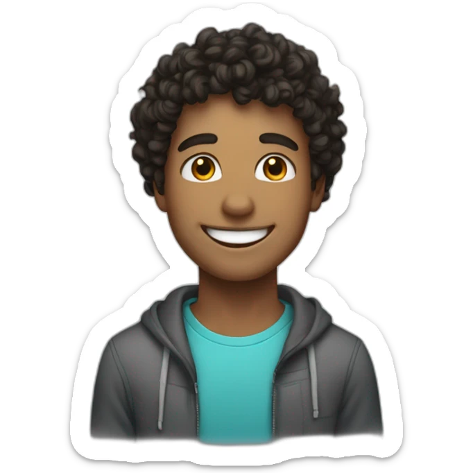 of a young man with a bright smile, showcasing his teeth, with fair skin and short, extremely curly dark hair. sticker
