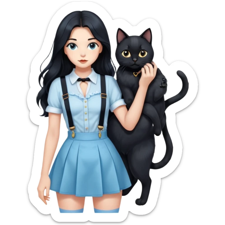 A sexy girl with long hair wearing a light blue suspender skirt holding a black cat sticker