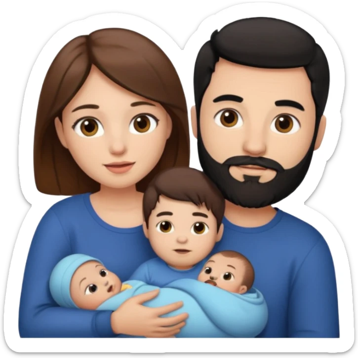 Una mujer con pelo castaño y ojos marrones y un hombre con pelo negro y barba y un solo bebe sticker