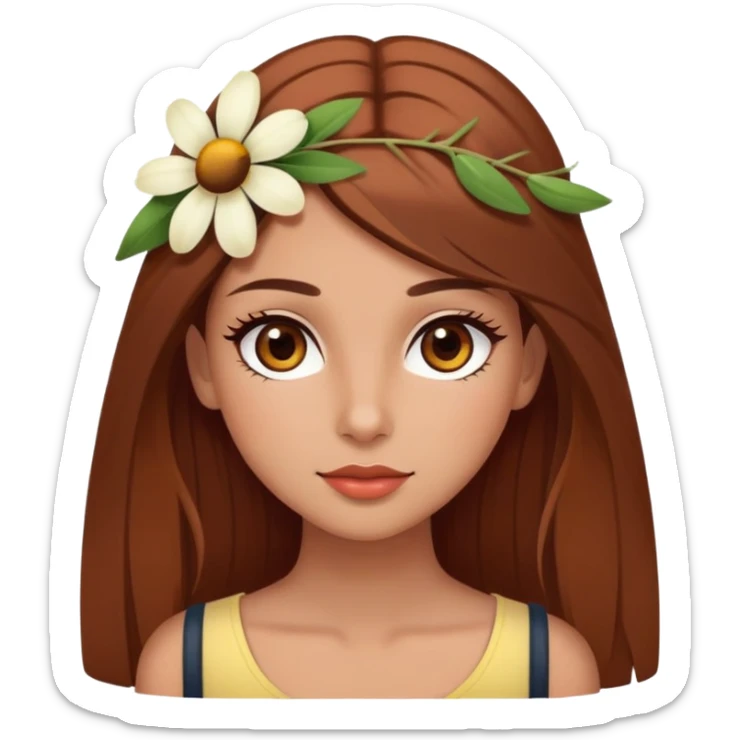 pretty girl with olive skin, hazel eyes and long lashes, has brown hair with a bit red undertone, hair is long and straight, and she’s in summer style, with one flower on her head sticker
