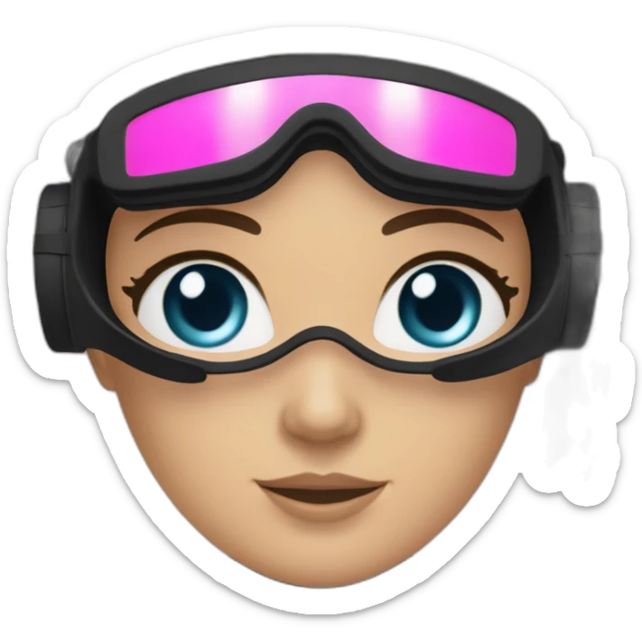a woman with an a black scubadiver suit. she wear a pink diving mask, she has blue eyes inside the dive mask. brown long and straight hair sticker