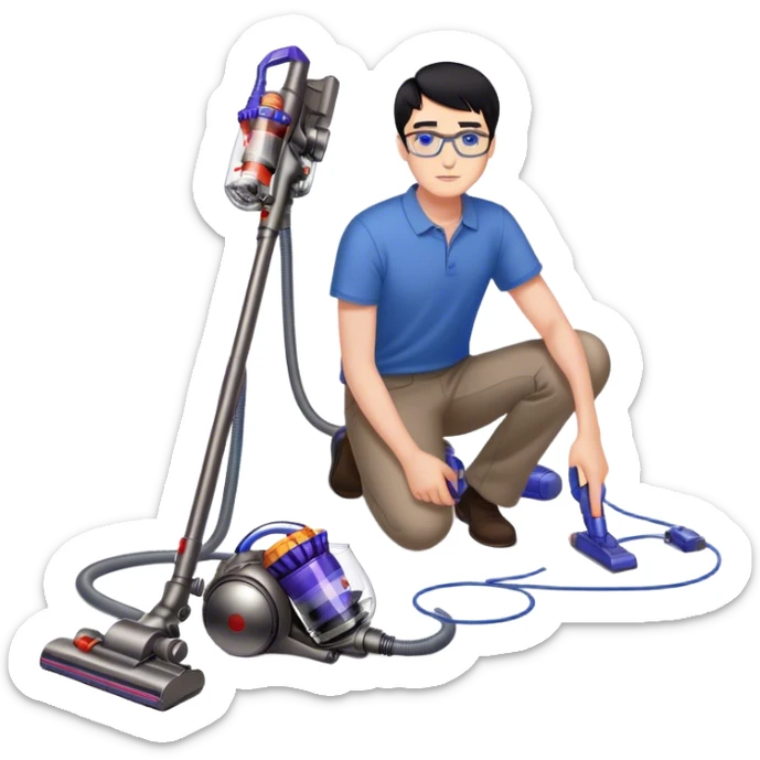 Man with black hair and blue eyes with glasses using Dyson gen5 on the floor sticker