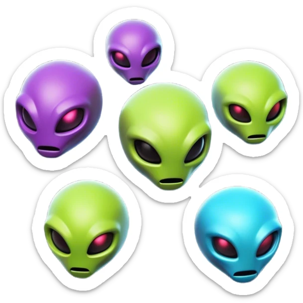 Clash of Clans aesthetic: Cinematic Playful 3D Isometric Alien Emoji, rendered in a 3D vector-style similar to standard emojis with minimal shading and bold, simplified shapes. A compact, distinct form with signature details, softly glowing with a futuristic sci-fi warfare charm. Simplified yet unmistakably iconic, highly detailed and consistent, glowing with a soft radiance and high shine. Stylized with a touch of high-tech brilliance and a soft glowing outline, capturing the essence of a beloved gaming relic with a friendly, playful manner! sticker