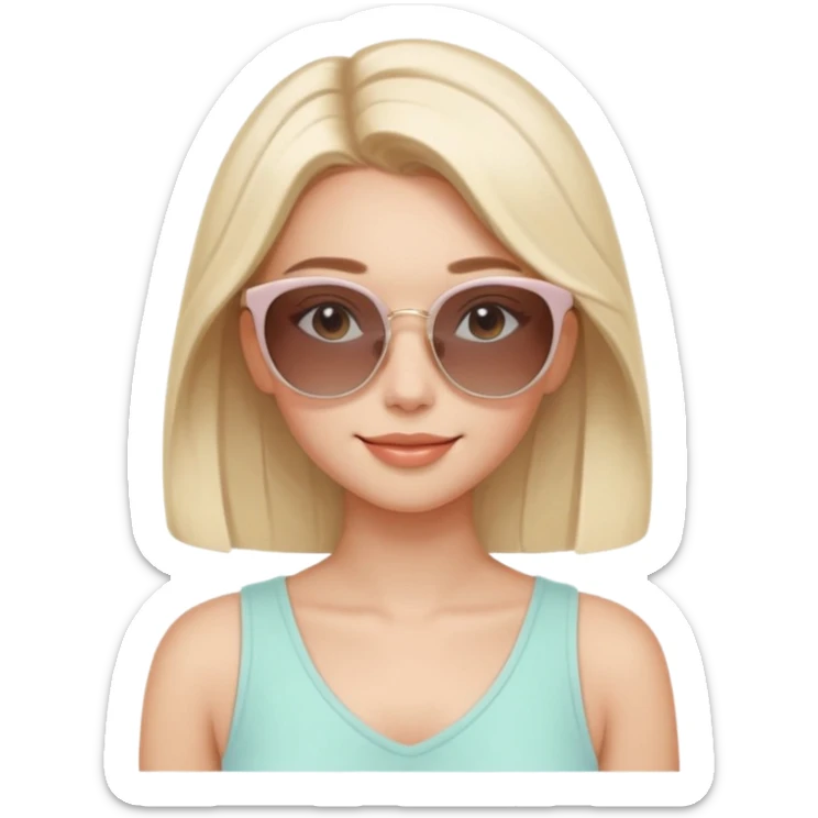 Clean girl influencer character, chest-up portrait, minimal aesthetic, natural glowing skin, soft confident smile, sleek hair, neutral pastel outfit, wearing trendy sunglasses on head, subtle beauty accessories, stylish hair clip, calm luxury vibe, clean modern illustration style sticker