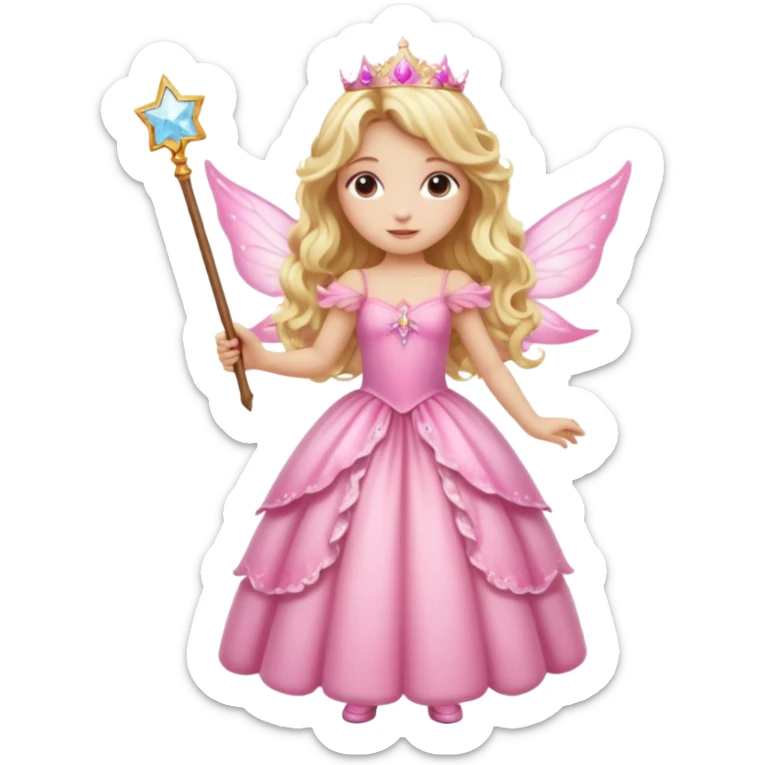 Detailed long pink princess dress, long blonde wavy hair, pink fairy wings sticker